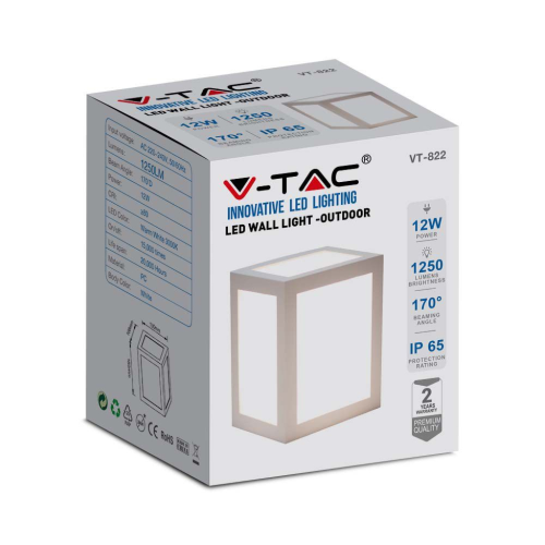 LAMPADA LED DA MURO A LANTERNA QUADRATA 12W COLORE BIANCO 4000K IP65 – V-TAC VT-822-W