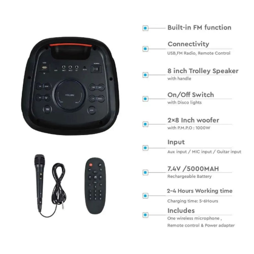 40W RECHARGEABLE SPEAKER WITH ONE WIRED MICROPHONE RF CONTROL & HANDLE 2*8 INCH