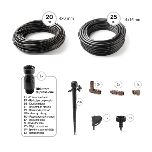 KIT IRRIGAZIONE GOCCIA A GOCCIA PER 20 VASI CON 20 METRI DI TUBO CAPILLARE