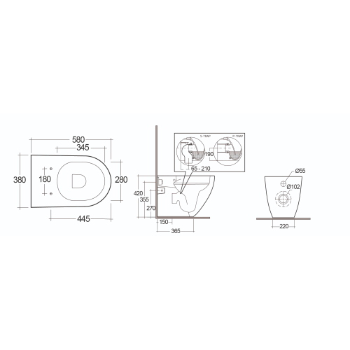 VASO DES FILO MURO TRASLATO RIMLESS 58 CM (DA 65 A 210 MM) SCARICO MULTI - FISSAGGI NASCOSTI