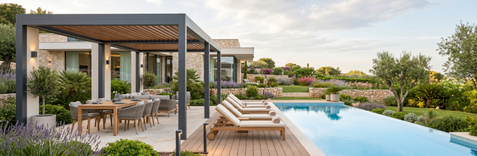 Piscina con arredo outdoor in giardino e spazio esterno
